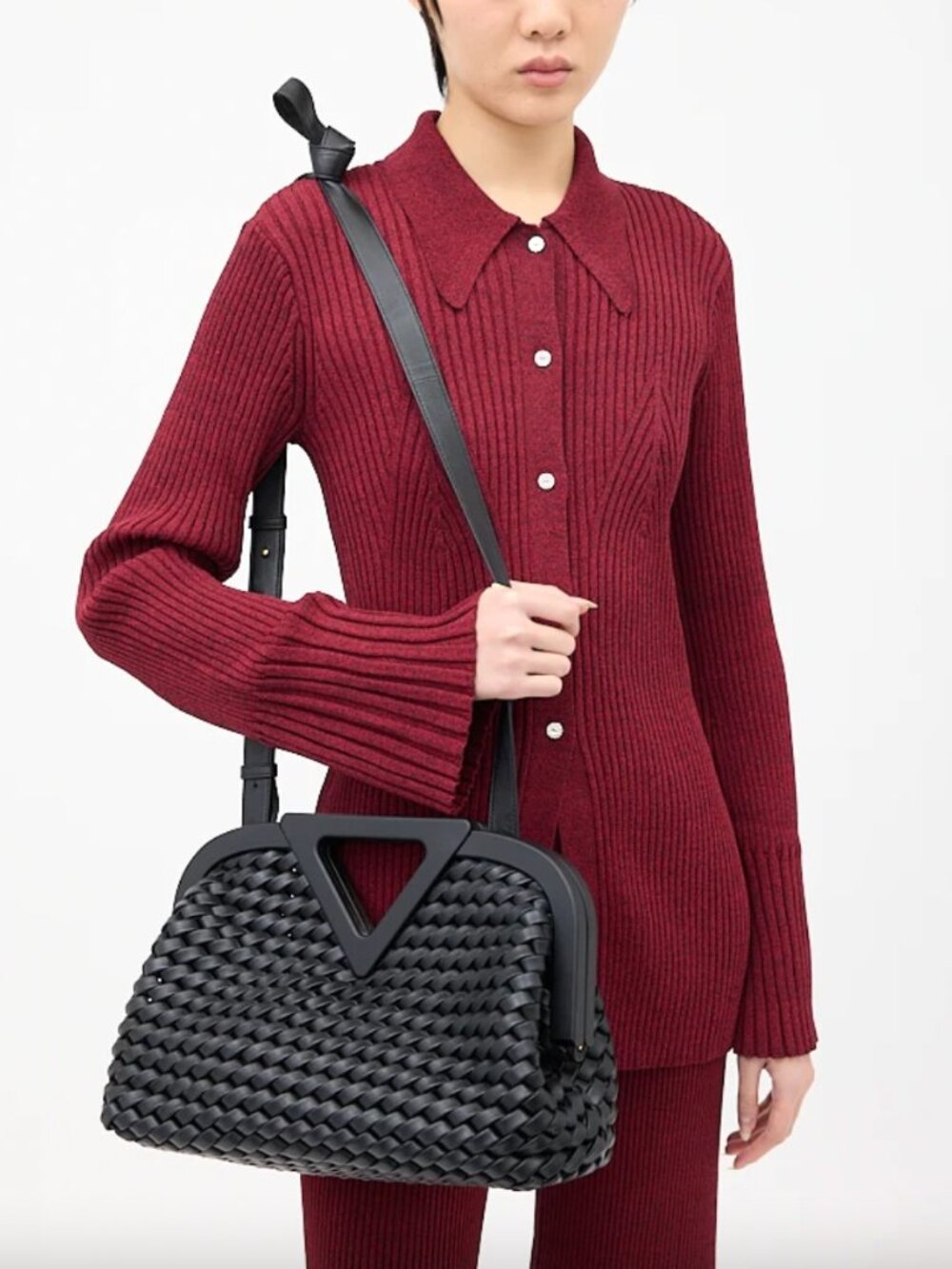 $2460 Bottega Veneta Black Woven Leather The Point Structured Bag
